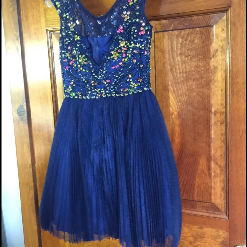 Sherri Hill navy beaded top short dress.